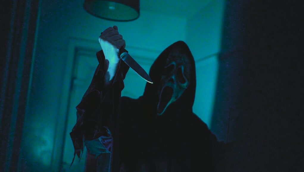 Dark, eerie scene with a masked figure holding a knife, evoking horror film vibes.