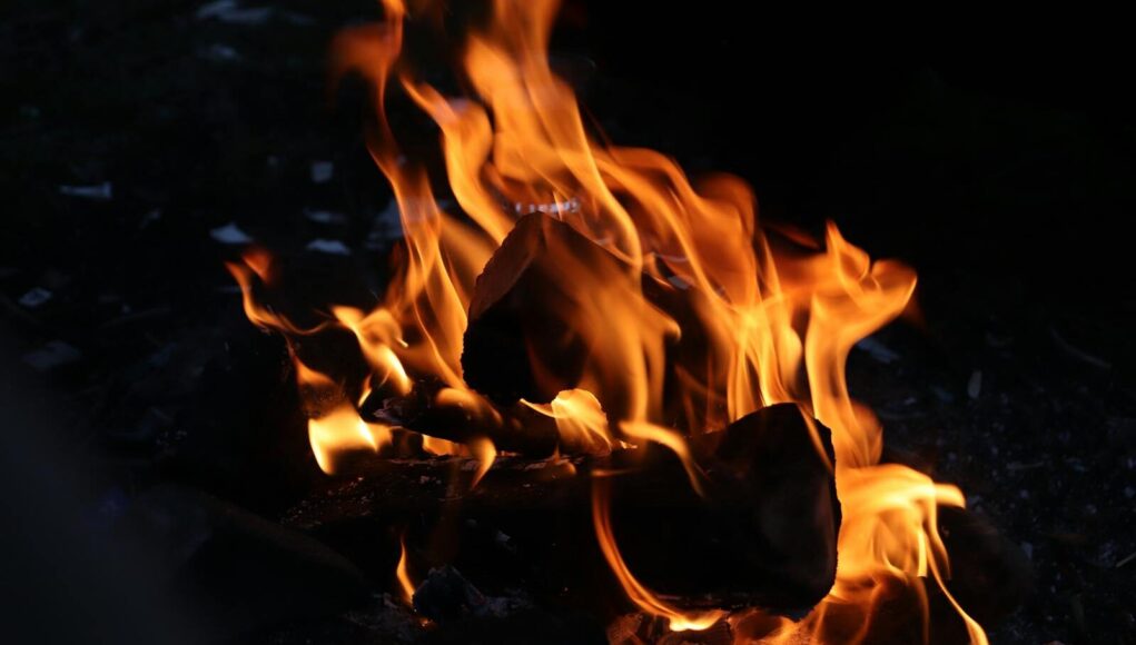 Vivid campfire flames creating warmth and light in a dark outdoor setting.
