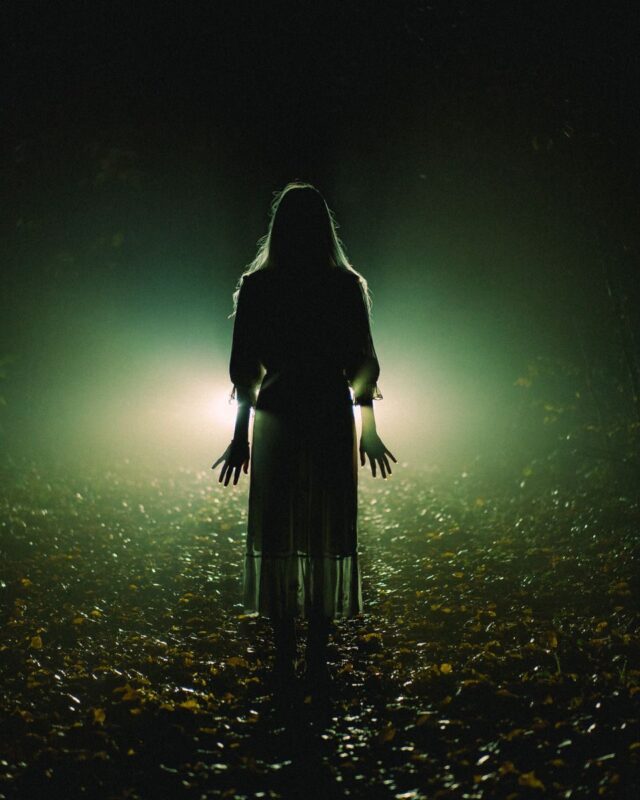 Photo by Aljoscha Laschgari A silhouette of a woman stands eerily in a misty forest at night, illuminated by a bright spotlight.
